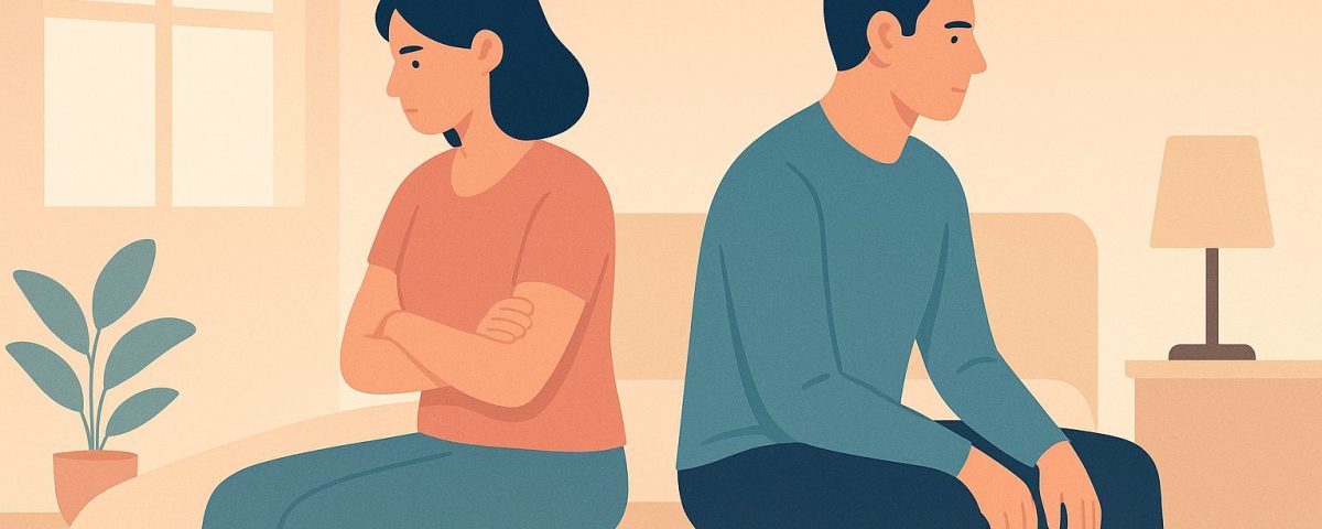 pareja discutiendo en un sofá