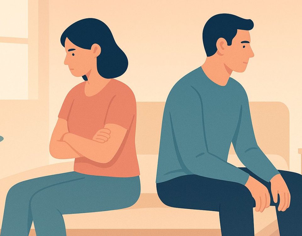 pareja discutiendo en un sofá